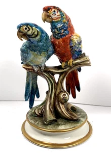 Guido Cacciapuoti Porcelain Parrots Figure Signed Italy Scarlet Blue Gold 1950's - Picture 1 of 15