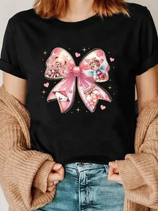 Women's Casual Graphic Print T-Shirt - Black Short Sleeve Crew Neck Top - Picture 1 of 12