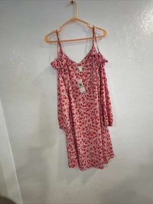 Vestido Corto Michael Kors Dorado Eslabón de Cadena Hombro Frío con Manga Floral, Talla M Foto 1 de 4