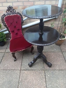 Antique dumb waiter Victorian carved Dark Wood Double Round What not/Stand table - Picture 1 of 12