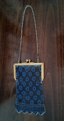 Bolso de noche antiguo Mandalian de malla metálica vintage años 20 ~ azul y negro Foto 1 de 4