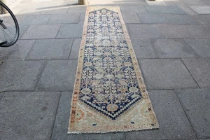 Vintage Worn Hand Made Traditional Oriental Wool Faded Blue Long Runner 328x77cm - Picture 1 of 14