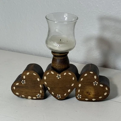 vintage Rustic Heart Wood Candle Holder Glass Votive Folk Art Decor Hand Painted - Image 1 of 4