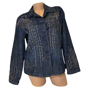 Chicos Damen Größe 2 LARGE Jeansjacke verziert Blumen Perlen Pailletten blau - Bild 1 von 12