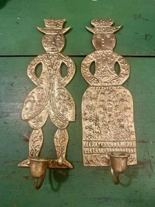 Vintage Brass Danish Folk Art Colonial Man & Woman: Wall Sconce Candle Holder - Picture 1 of 12