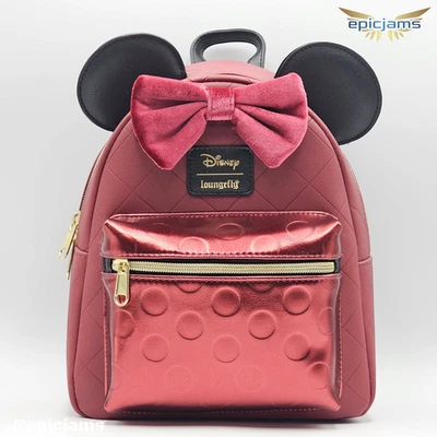 Mini Mochila Loungefly Disney Minnie Mouse Borgoña Terciopelo Arco Nueva Foto 1 de 4