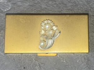 Vintage Saks Fifth Avenue Compact/Box Faux Pearl & Rhinestones Gold Tone - Picture 1 of 6