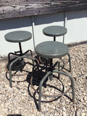 3 Same Great Looking Garnett 1984 Industrial Metal Stools -13” Seats -Very Good Cover