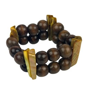Brown Wooden Beaded Bracelet Yellow Mother Of Pearl Accents Elastic Stretch Fit - Picture 1 of 3