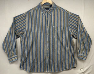 Vintage DENIM Shirt Men 2XL BIG Blue Tan Striped Preppy 90s Pocket Button Down - Picture 1 of 17