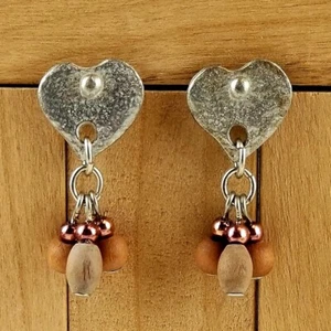 Silver Heart Wood Bead Dangle Earrings Jewelry - Picture 1 of 3
