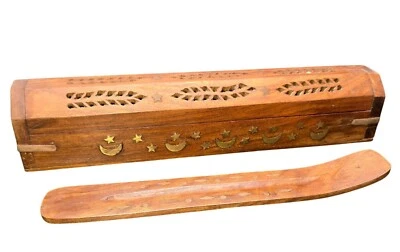 Handcrafted Wooden Incense Holder Box With Moon & Star Inlay Design DH1313 - Image 1 of 4