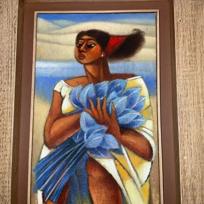 original oil painting  signed lady woman with flowers portrait Mexican art - Image 1 of 4