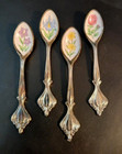 Set 4 RHM Japan Silver Plate Porcelain Flower Bowl Spoons Gorgeous Pastel Vtg