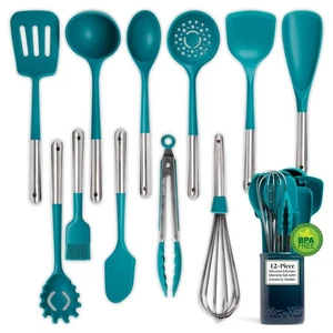 12-Piece Silicone Kitchen Cooking Utensils Set with Stainless Steel Handle an... - Picture 1 of 7