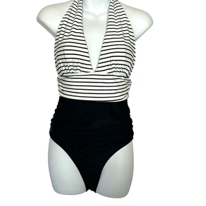 Damen Neckholder Top Einteiler Badeanzug M schwarz weiß Streifen tiefer V-Ausschnitt Pinup - Bild 1 von 8