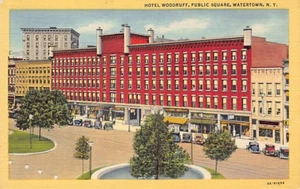 Postal NY: Hotel Woodruff, Public Square, Watertown, Nueva York, lino vintage - Imagen 1 de 2