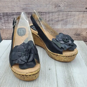 Born Women Sandals Black Sz 8 Leather Cork Heel Sling Back Sandals B.o.c Flower - Picture 1 of 18