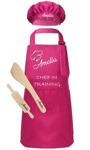 Kids Personalised Apron Boys Girls Junior Chef Cooking Engraved Wooden Spatula - Picture 1 of 2