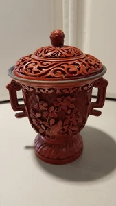 urna china tallada cinabrio dos asas tapa - Imagen 1 de 6
