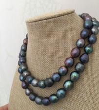 New strands 10-13 mm tahitian black green baroque pearl necklace  34” AAA