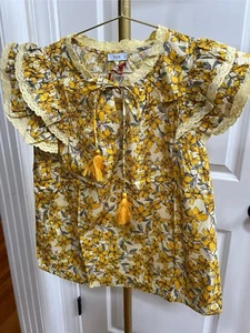 New Women’s Lace Double Ruffle Sleeve Yellow Floral Blouse Top Size Small - Picture 1 of 6