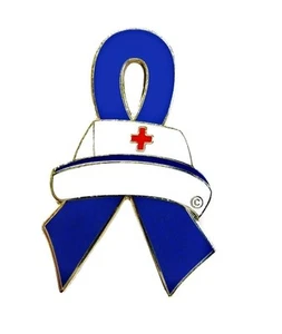 Blue Awareness Ribbon Pin Nurse Cap Cross Nursing Cancer Cause Silver Plate - Picture 1 of 5