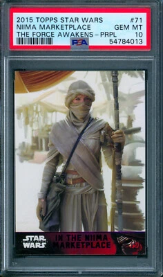 2015 Topps Star Wars TFA Purple IN THE NIIMA MARKETPLACE Rey w/ Staff #71 PSA 10 - Image 1 of 2