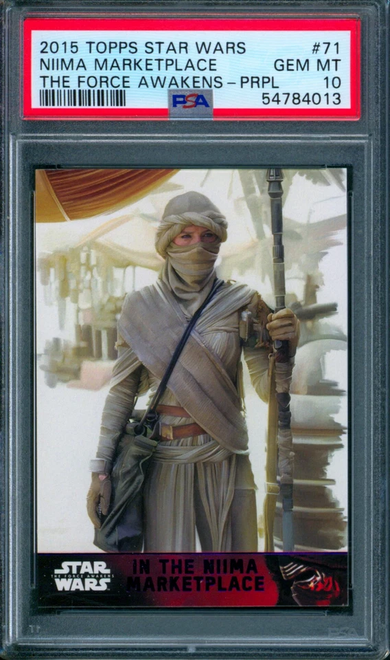 2015 Topps Star Wars TFA Purple IN THE NIIMA MARKETPLACE Rey w/ Staff #71 PSA 10 - Image 1 of 2