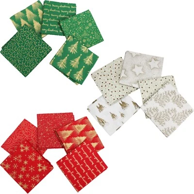 5 Piece Christmas Fat Quarter 100% Cotton Fabric Bundle Gold Foil Quilting Craft - Image 1 of 4