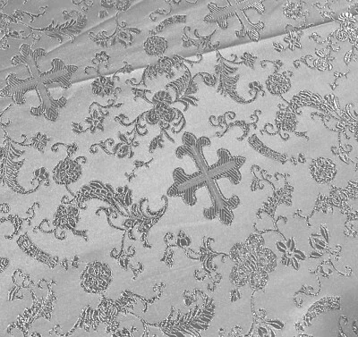 Silver White Metallic Church Cross Brocade Fabric 60” Width Sold By The Yard - Image 1 of 4