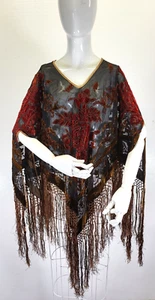 Vintage durchsichtiger Burnout Samt und Seide Poncho Burgandy Rosen lange Fransen Seide - Bild 1 von 13