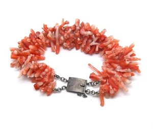 Antique Vintage Rare Natural Angel-Skin Branch Coral Dbl-Strand Silver Bracelet - Picture 1 of 8