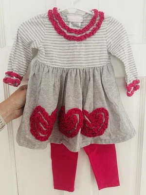 Bonnie Baby Girls Pink and Gray Pants Set with Ruffle Hearts Size 12M EUC - Image 1 of 4