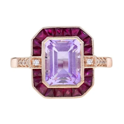 Anillo estilo Art Deco diamante amatista rosa corte esmeralda natural oro 14K Foto 1 de 4