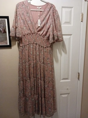 Max Studio трепетать рукав ярусный собранными в Рюш Smock талии макси платье Lt розовый/цветочный XL - Изображение 1 из 4