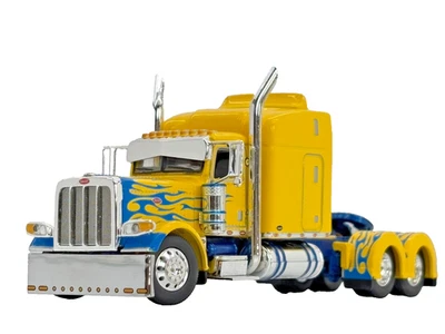 1/64 DCP YELLOW/BLUE PETERBILT 389 W/ 63" MID ROOF SLEEPER W/ WHALE TAIL - Image 1 of 4