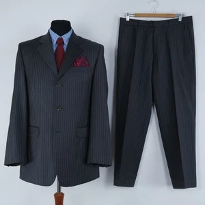 Mens Grey Striped Suit 40R UK Size Trousers W34 L29 Super 150s Wool 2 Piece - Picture 1 of 21