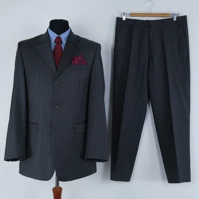 Mens Grey Striped Suit 40R UK Size Trousers W34 L29 Super 150s Wool 2 Piece - Image 1 of 4