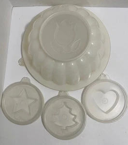 VINTAGE TUPPERWARE JELLO MOLD CLASSIC 4 DESIGNS, SEAL LID & TWO INDIVIDUALS CUPS - Picture 1 of 2