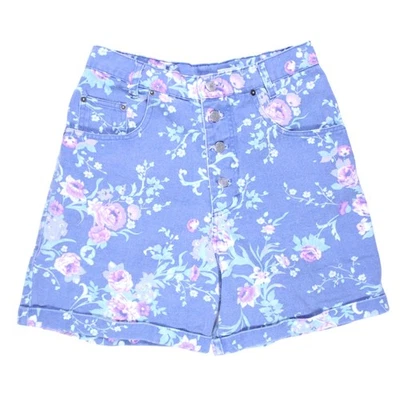 Vintage denim shorts floral blue high waisted 80s 90s grunge button up sz M - Image 1 of 4