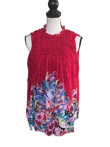 Anthropologie Deletta Epona Red Floral Smocked Swing Top Size Medium Sleeveless - Picture 1 of 8