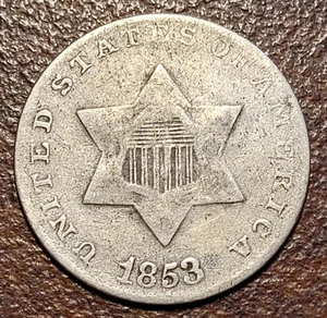 1853 Three Cent Silver Good-Very Good 3c 19th Century Type Coin NO dents,bends - Picture 1 of 2