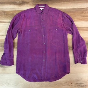 Vintage Perry Ellis Silk Shirt Mens Small Button Up Purple Iridescent 90s - Picture 1 of 8
