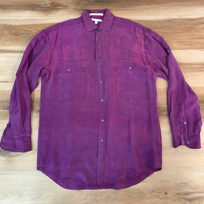 Vintage Perry Ellis Silk Shirt Mens Small Button Up Purple Iridescent 90s - Image 1 of 4