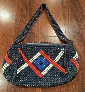 Vintage Roger Van S 1960s BOHO Navy Blue Red White Beaded Purse Bag VGUC - Picture 1 of 16