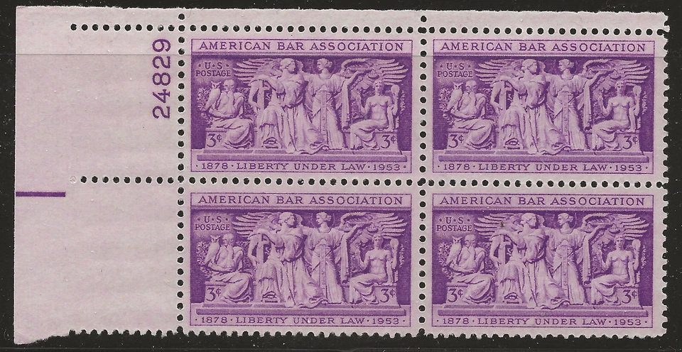 US Scott #1022, Plate Block #24829 1953 American Bar 3c FVF MNH Upper Left - Image 1 of 1