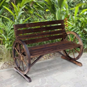 Garden Outdoor Patio WAGON WHEEL BENCH Rustic Porch Seat Yard Deck Farm House - Picture 1 of 8