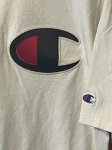 Champion Logo T Shirt White Large Stitched Patch Logo Short Sleeve Size XL - Picture 1 of 6