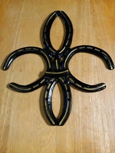  Iron Wall Art Fleur De Lis Made From Horseshoes Black & Gold 10 1/2 X 12  - Picture 1 of 8